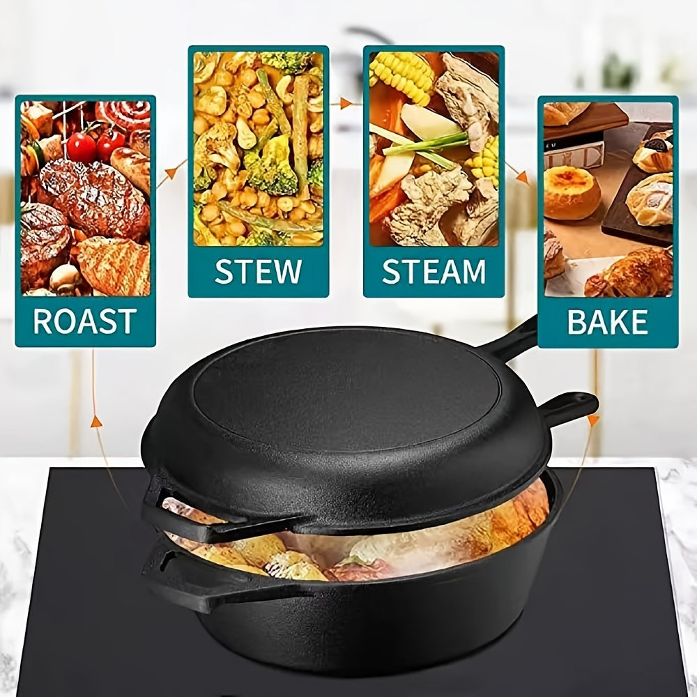 Dual-Purpose Cast Iron Pan: Pre-Seasoned, Non-Stick, Single-Handle Cooking Set - Ideal for Baking and Frying