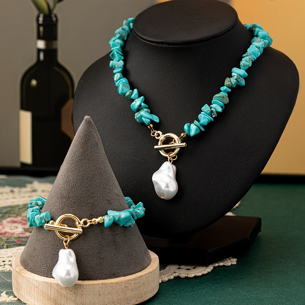 Vintage-Inspired Turquoise & Faux Pearl Pendant Necklace and Bracelet Set - Chic Bohemian Style, Ideal for Everyday Wear or Gifting