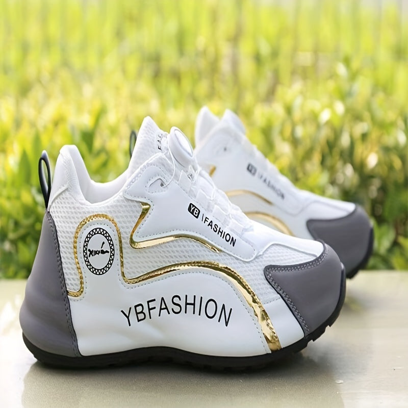 Men's white athletic sneakers with mesh upper, rubber sole, lace-up design, and golden accents, suitable for students and teens.