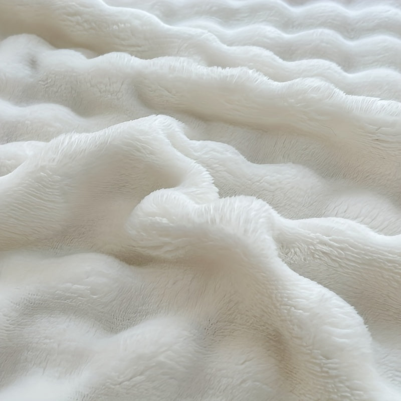 Soft Bubble Fleece Blanket - 1 piece, All-Season, Contemporary Style, Machine Washable, Solid White Color, Made of Polyester, Knitted, Water Washed, 200-250gsm Weight, Versatile for Bed, Sofa, Bedroom, Travel, and Camping Use