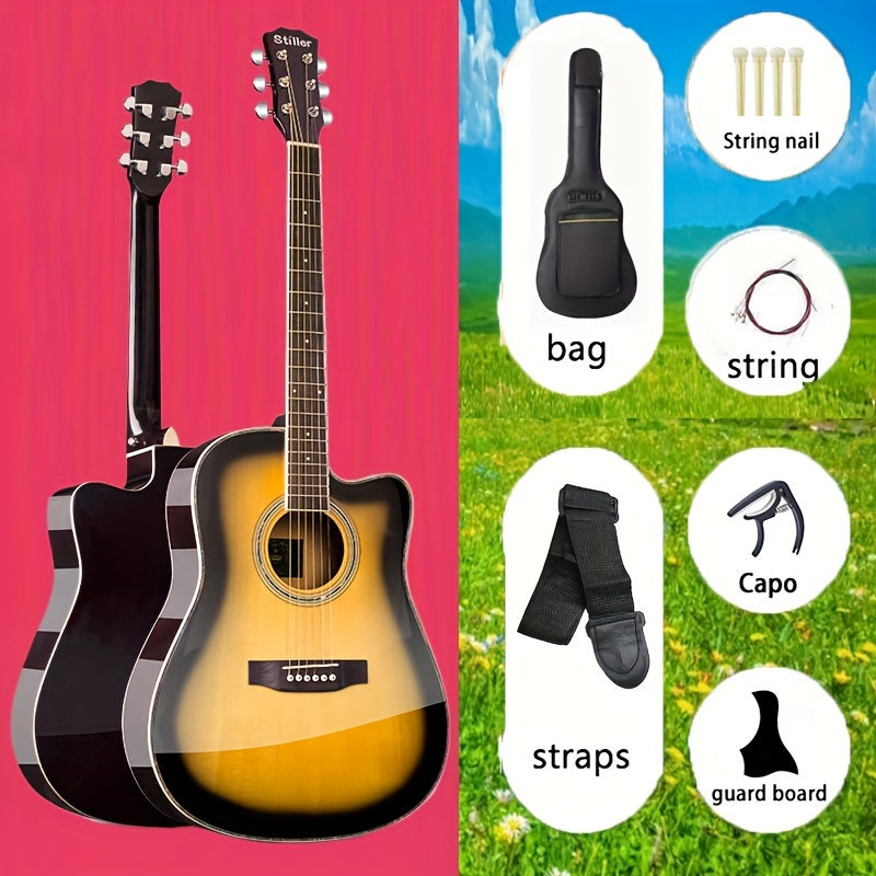 DLASO Beginner Acoustic Guitar 101.6cm with Rosewood Fingerboard, Spruce Top, Maple Neck, and Basswood Back & Sides. Includes bag, straps, pick, connecting line, and tuner.