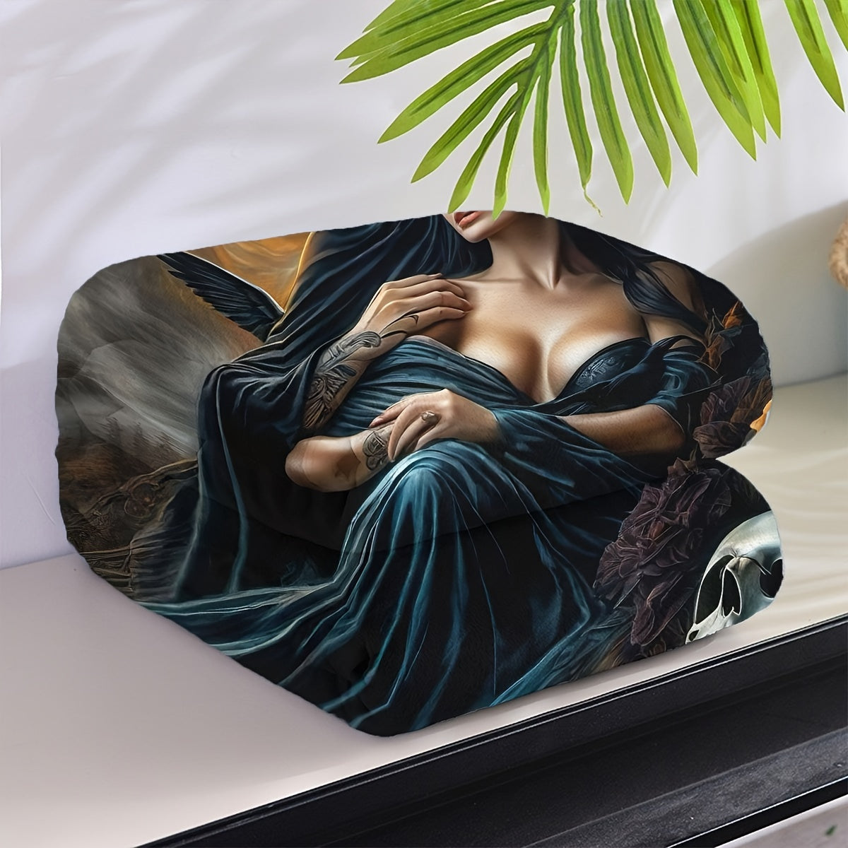 Stay cozy and stylish with our Glam Style Reversible Knitted Polyester Throw Blanket featuring a fantasy theme print. This all-season blanket showcases a Devil and Beauty embrace design accented with moonlight and roses embellishments. Made from soft