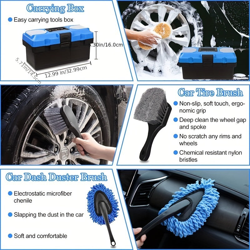 27-piece car wash detail kit including brushes for interior, exterior, and wheels. No power needed.