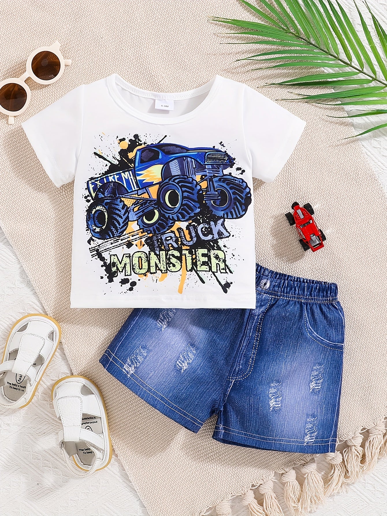 Boys' Off-road Car Print T-shirt + Denim Print Shorts Set for Outdoor Fun.