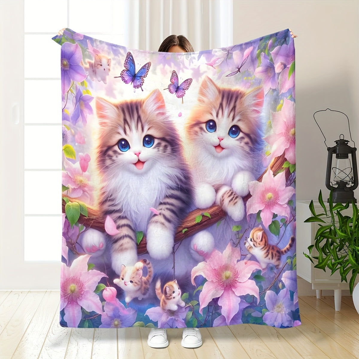 Soft and cozy plush throw blanket featuring a cute cat print design. Made of knitted flannel polyester, this all-season blanket is perfect for home, kitchen, bed, picnic, travel, and makes a great Christmas gift. With a contemporary style and weighing