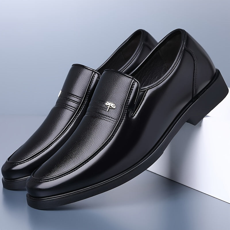 Men's Genuine Leather Loafers in sleek black for business or casual wear. Round toe, rubber sole, smooth leather upper. Perfect for office or outdoor events. Stylish slip-on with durable