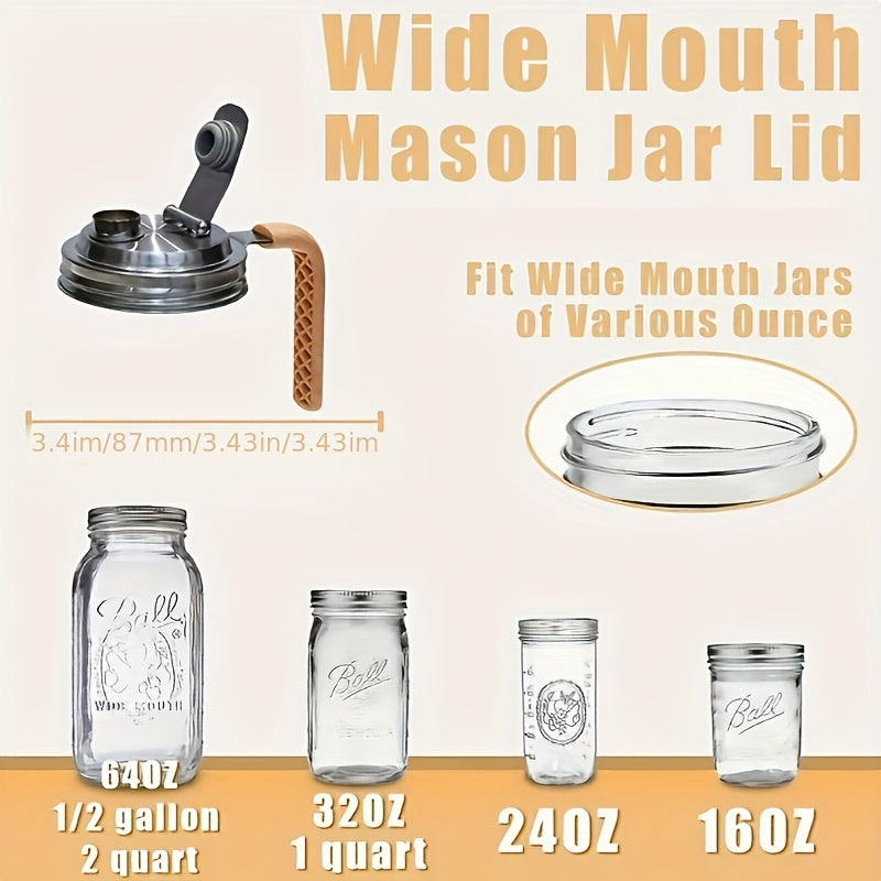 Glass jar lid made from stainless steel with a handle and straw opening, designed for 86mm regular mouth jars. Leak-proof seal for beverages and drinks.