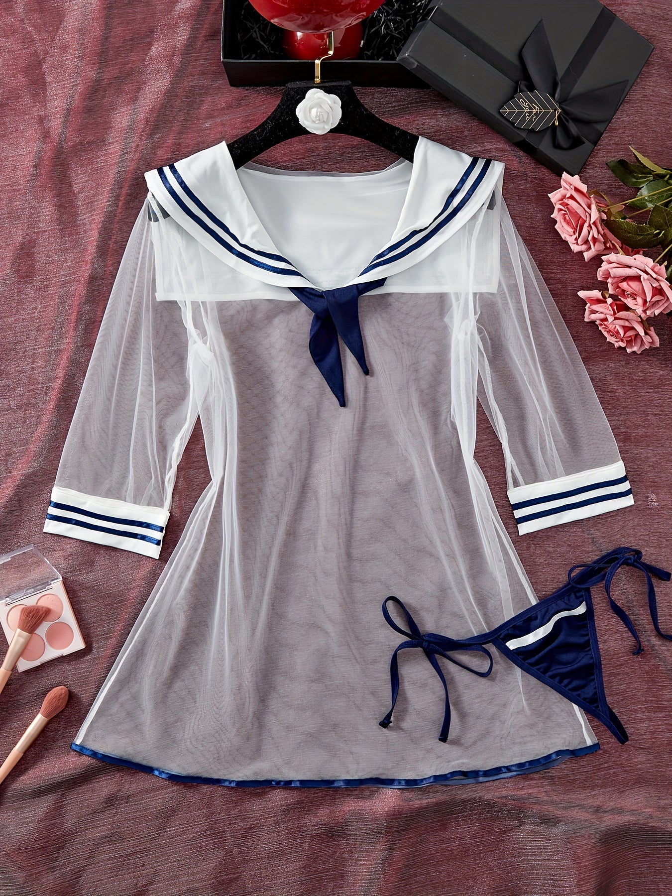 Sexy Preppy cosplay costume: sheer mesh sailor dress with thong.