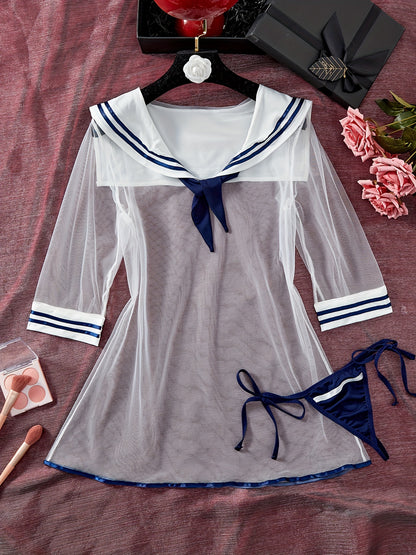 Sexy Preppy cosplay costume: sheer mesh sailor dress with thong.