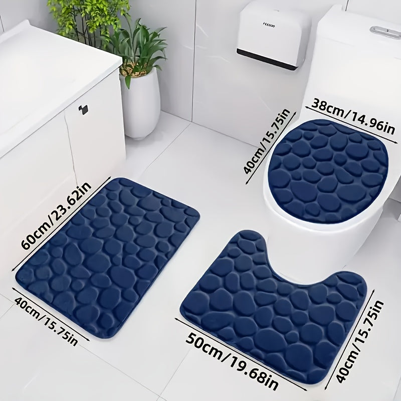 3pcs Plush Coral Fleece Bath Mat Set - Soft, Absorbent & Non-Slip with PVC Backing, Machine Washable, Hexagonal Pebble Design, Low Pile, Modern Bathroom Accessories.