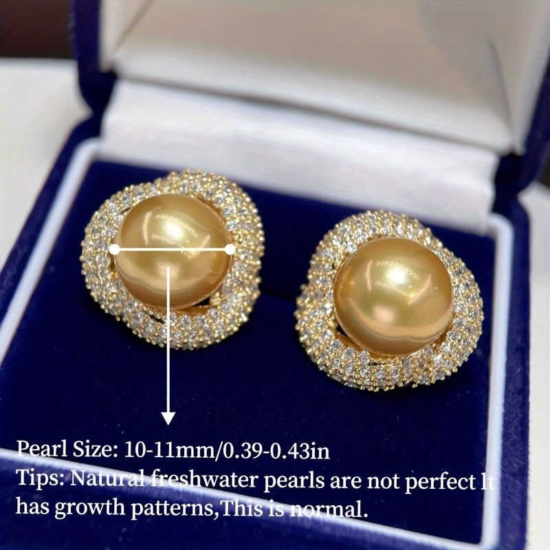 Elegant Wedding Jewelry for Brides: Luxury French-Style 18K Gold Plated Sterling Silver Stud Earrings adorned with Natural Freshwater Pearl. Perfect for Banquets, Christmas, and All Season Gifts. Includes a Random Gift Box.