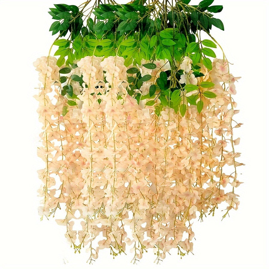 12 artificial wisteria garlands bring garden style to wedding parties and outdoor ceremonies without feathers.