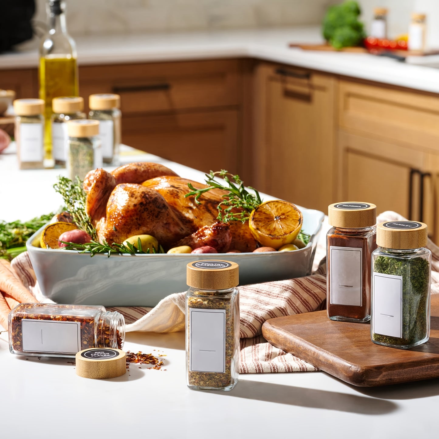 12-piece glass spice jar set with bamboo lids, labels, and funnel for airtight kitchen storage of seasonings and condiments.