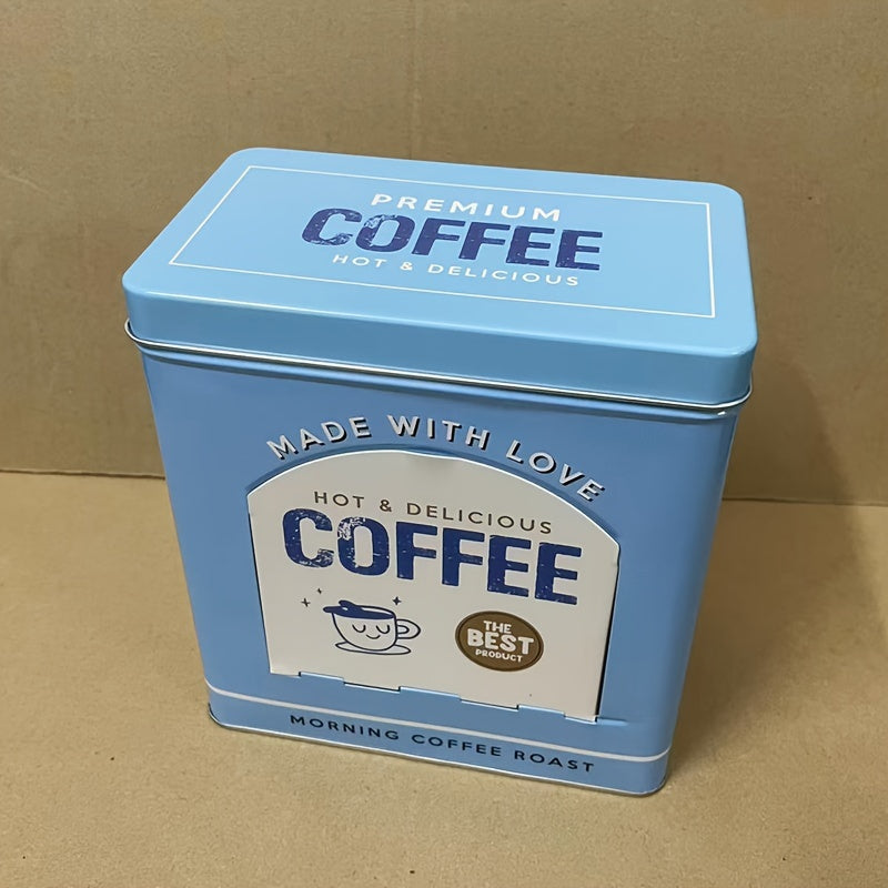 Vintage American style metal coffee tin can dispenser with side opening and rectangular desktop storage box for home and office use.