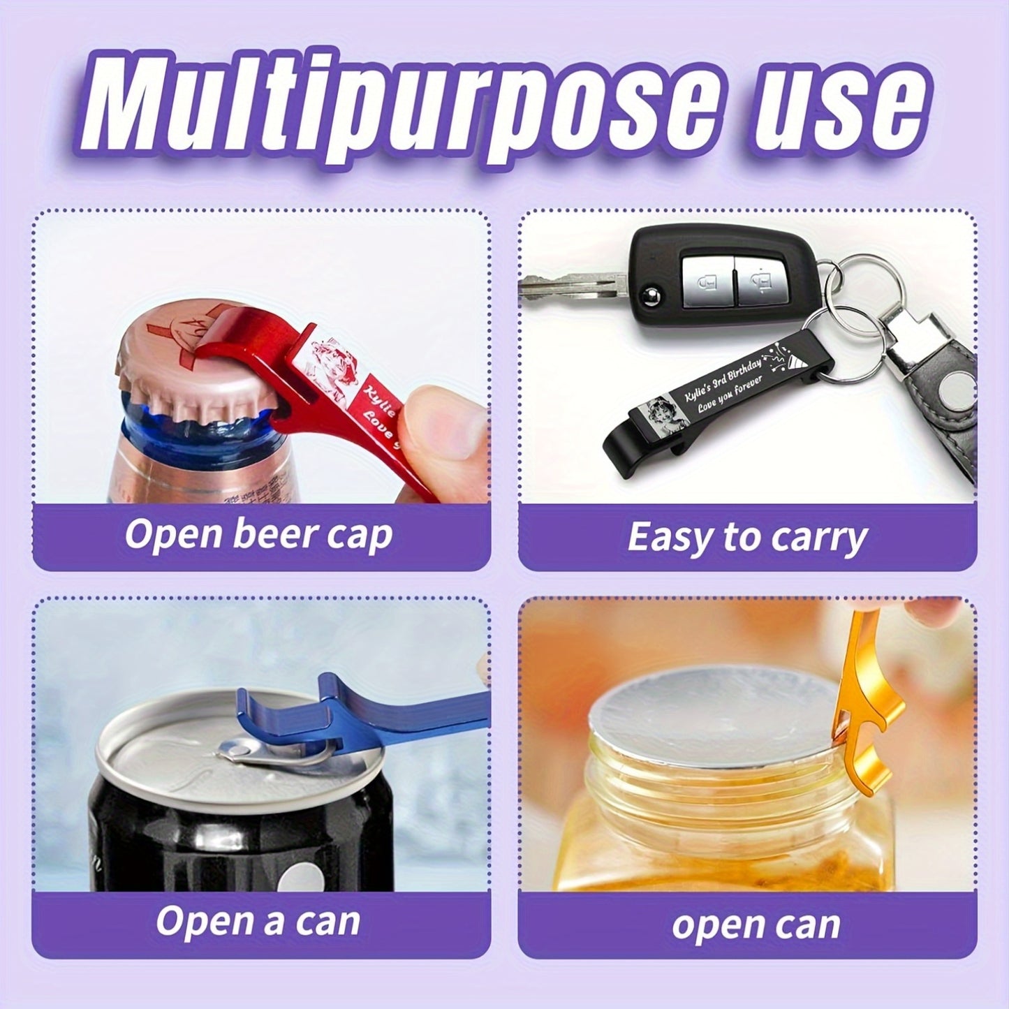 100 customizable metal bottle opener keychains, perfect for picnics and parties. Durable and portable, no power needed.