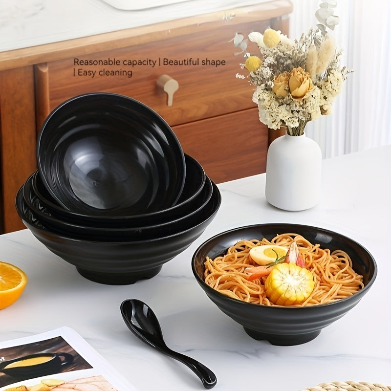 Large ramen bowl with spoon, Japanese-style, BPA-free, microwave and dishwasher safe. Perfect for home, kitchen, restaurants.