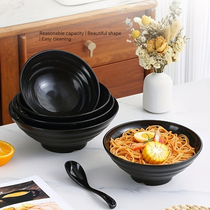 Large ramen bowl with spoon, Japanese-style, BPA-free, microwave and dishwasher safe. Perfect for home, kitchen, restaurants.