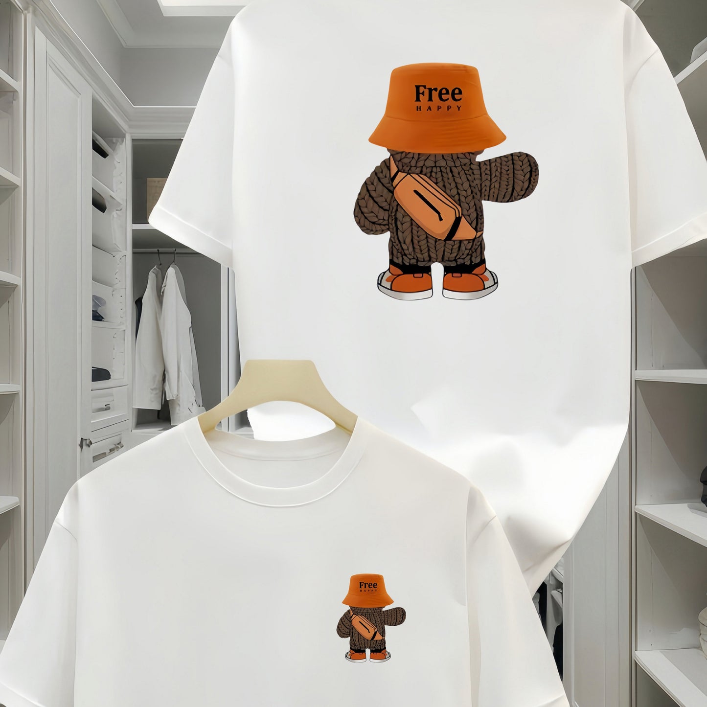 100% cotton men's t-shirt with cute backpack bear design, casual and comfortable for all seasons.