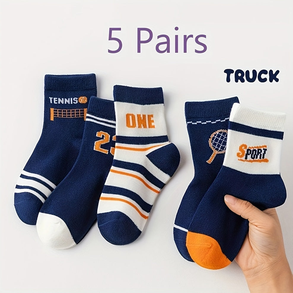 5 pairs of boys' graphic fashion, sports, and warm socks for autumn/winter