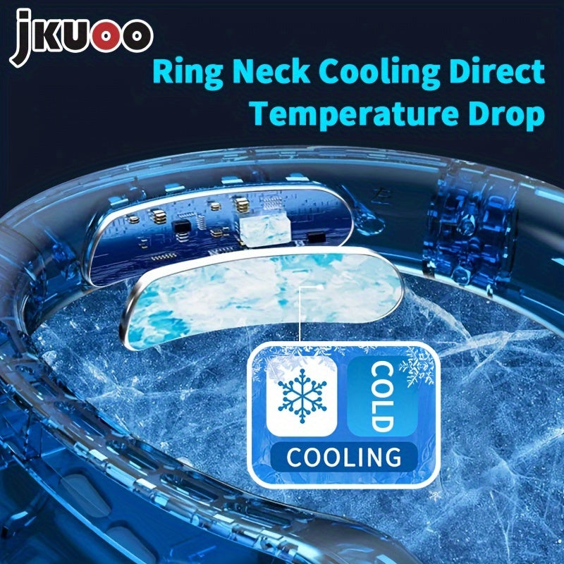 Stay cool and comfortable on-the-go with the 1pc JKUOO Portable Neck Fan. This innovative device features a 5-speed adjustable display, USB rechargeable lithium battery, and quiet operation. Perfect for use during sports, travel, and summer activities