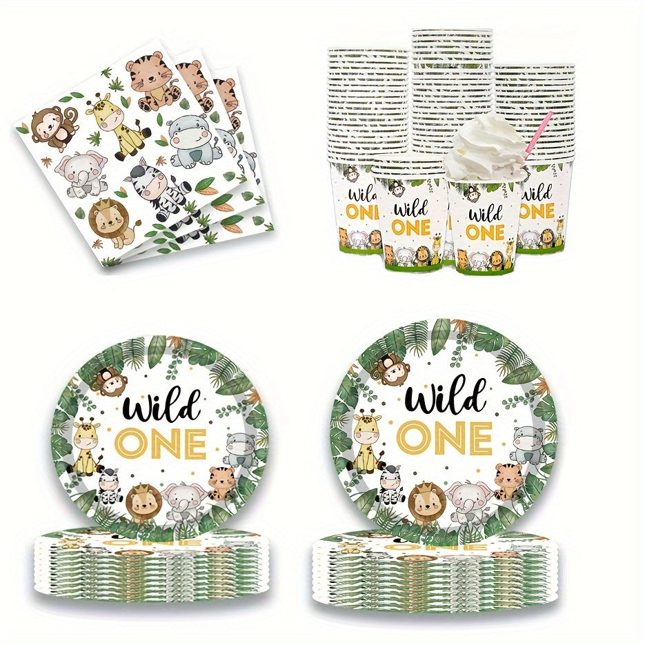 Celebrate with 68 pieces of Wild One birthday decorations! This Jungle theme party set includes paper plates, cups, and napkins, perfect for a 1st birthday celebration. Add some fun animal jungle decorations to your party table with this dinnerware set.