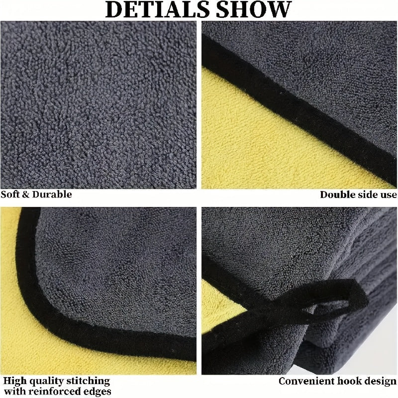 A set of premium ultra-fine microfiber car cleaning cloths that are extremely absorbent for washing, drying, and cleaning tasks in various settings like home, kitchen, bathroom, windows, and automotive maintenance. Perfect versatile cleaning tools for