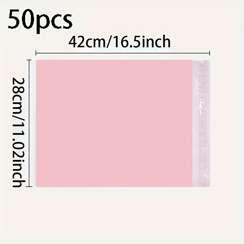 Bulk 50-pack of pink self-adhesive waterproof courier bags for shipping clothes, books, skate material. Durable plastic packaging.