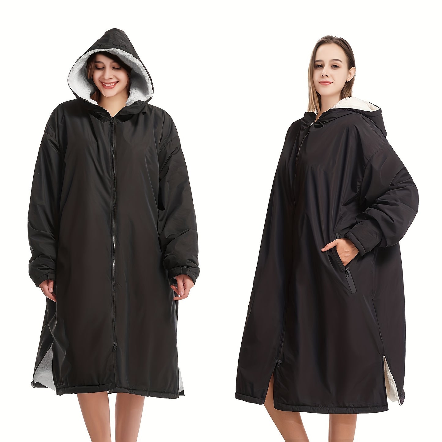 Waterproof quick dry changing robe with long sleeves, fleece lining, and hood for swimming, surfing, diving, camping, hiking to stay warm and dry.