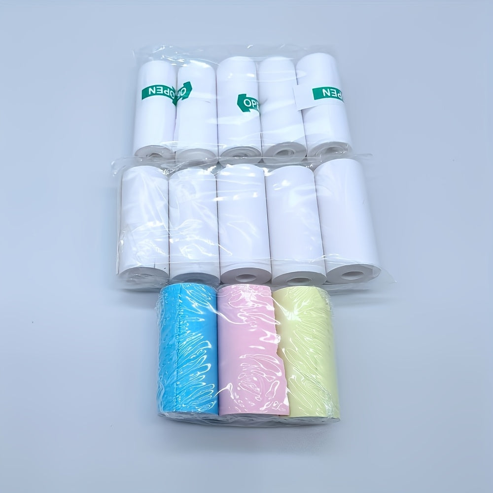 Mini printer camera thermal paper packaging set includes 13 rolls, including self-adhesive paper, color thermal paper, and regular thermal paper.