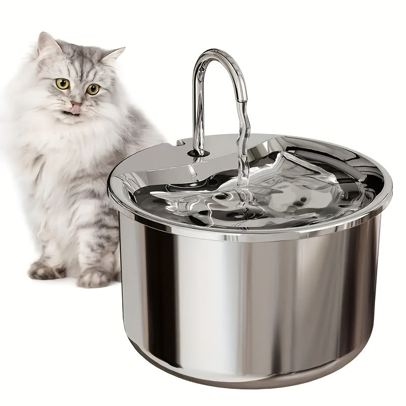 PLAY PETTY Stainless Steel Pet Water Fountain is a USB-powered automatic cat and dog drinking dispenser with a splash-proof basin for quiet operation and increased water intake. No battery