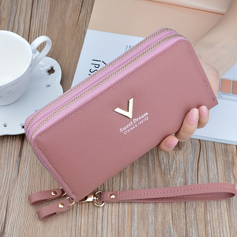 Women's stylish synthetic leather wallet with dual zipper closures, multi-card slots, large capacity, wrist strap, and coin purse in grey, pink, purple, burgundy, and black. Cute and