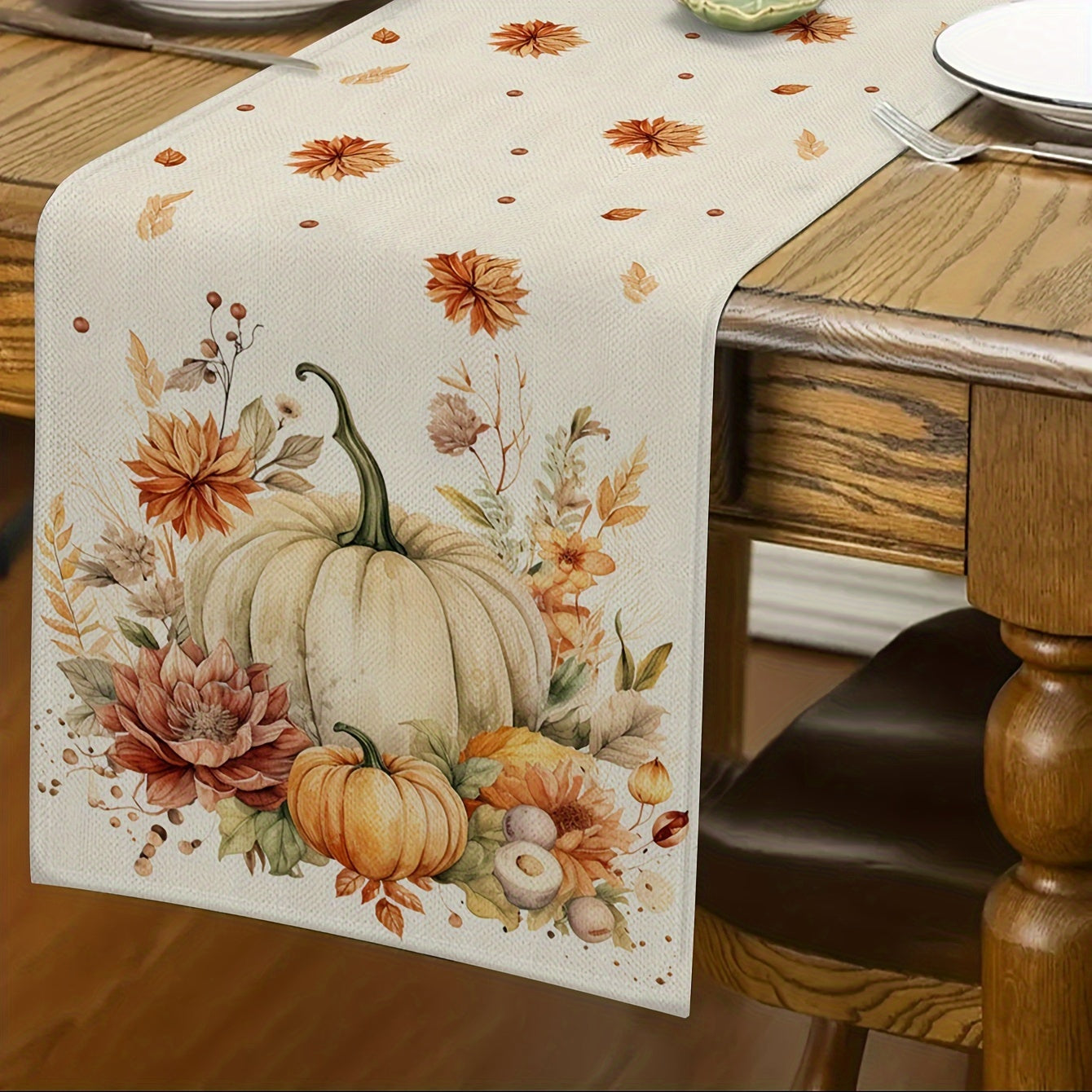 1 piece of Autumn Harvest Festival Linen Table Runner, 33.02cm x 182.88cm, Thanksgiving and Fall Season Decor, Pumpkin Design, Knit Fabric made of 100% Polyester. Ideal for Indoor and Outdoor Parties.