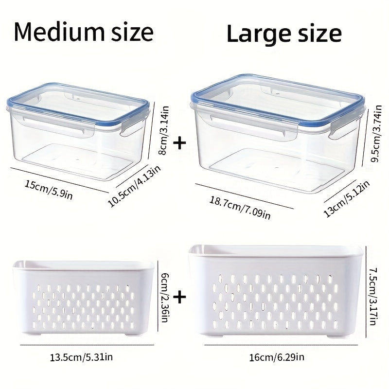 Set of 4 storage containers with leak-proof lids, perfect for storing and reheating food. These multifunctional containers are stackable and portable, ideal for meat, fruits, and vegetables. A must-have kitchen accessory with a dedicated fruit and