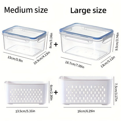 Set of 4 storage containers with leak-proof lids, perfect for storing and reheating food. These multifunctional containers are stackable and portable, ideal for meat, fruits, and vegetables. A must-have kitchen accessory with a dedicated fruit and