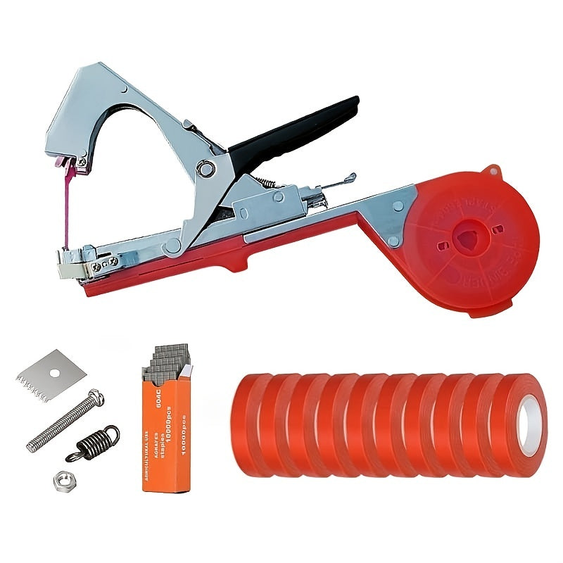 1 Set Plant Tying Machine Tool for Grapes, Raspberries, Tomatoes, and Vine Vegetables with Tapes, Staples, and Replacement Blades.