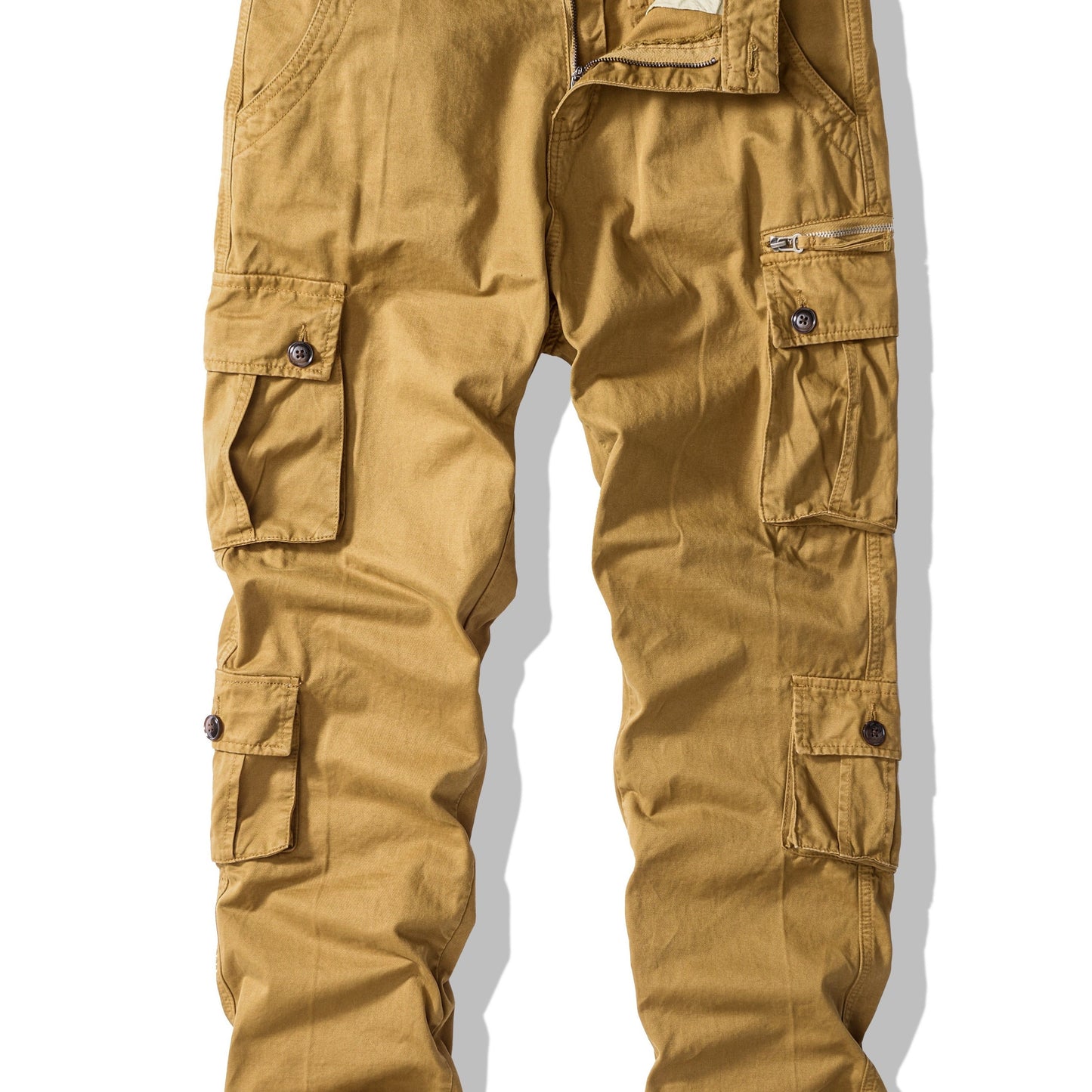 Men's plus size cargo pants in solid color, loose fit, made of washed cotton for all-season wear. Features 8 pockets and a street style design.