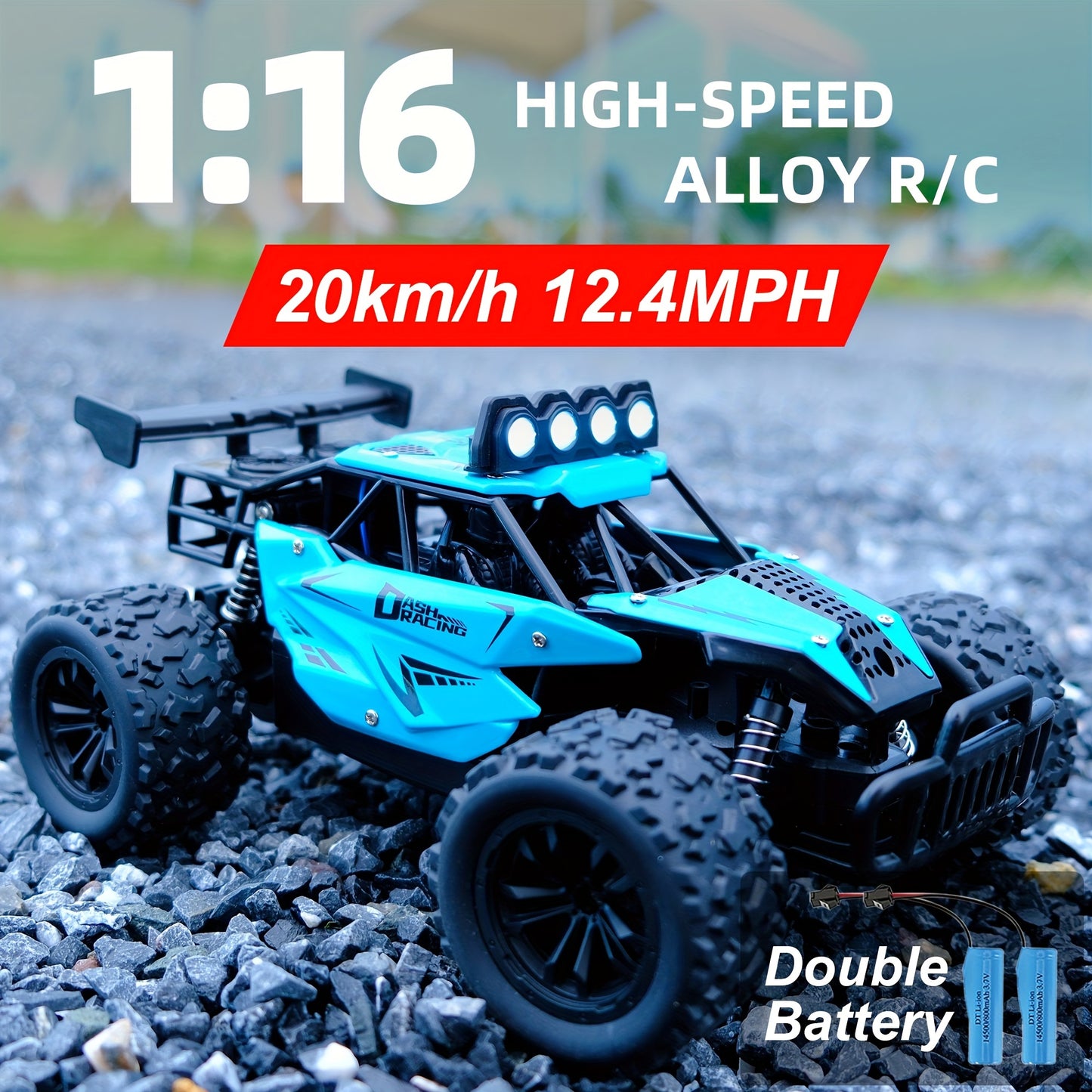 K.K 1:16 Scale High-Speed RC Truck with Alloy Body, Double Battery, and 20 km/h Speed. Includes 2.4G Remote Control in Blue & Black Design. Ideal Gift for Boys and Girls.