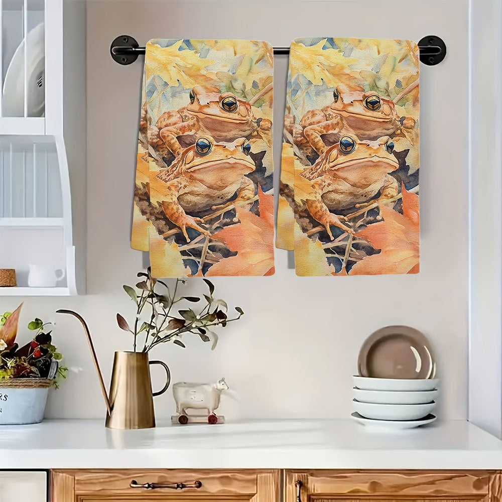 Set of 2 Ultra Soft Kitchen Towels featuring "Hopped Through the Garden" Toad & Autumn Leaves Design. These towels are highly absorbent, machine washable dish hand towels measuring 40.64x60.96 cm. Perfect for your holiday decor or as dish towels.