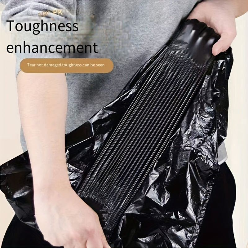 Pack of 100 super thick heavy duty leak-proof black garbage bags with drawstring for privacy protection. These opaque single-use plastic bags are suitable for use in the kitchen, bathroom, bedroom, living room, outdoor areas and for cleaning. The