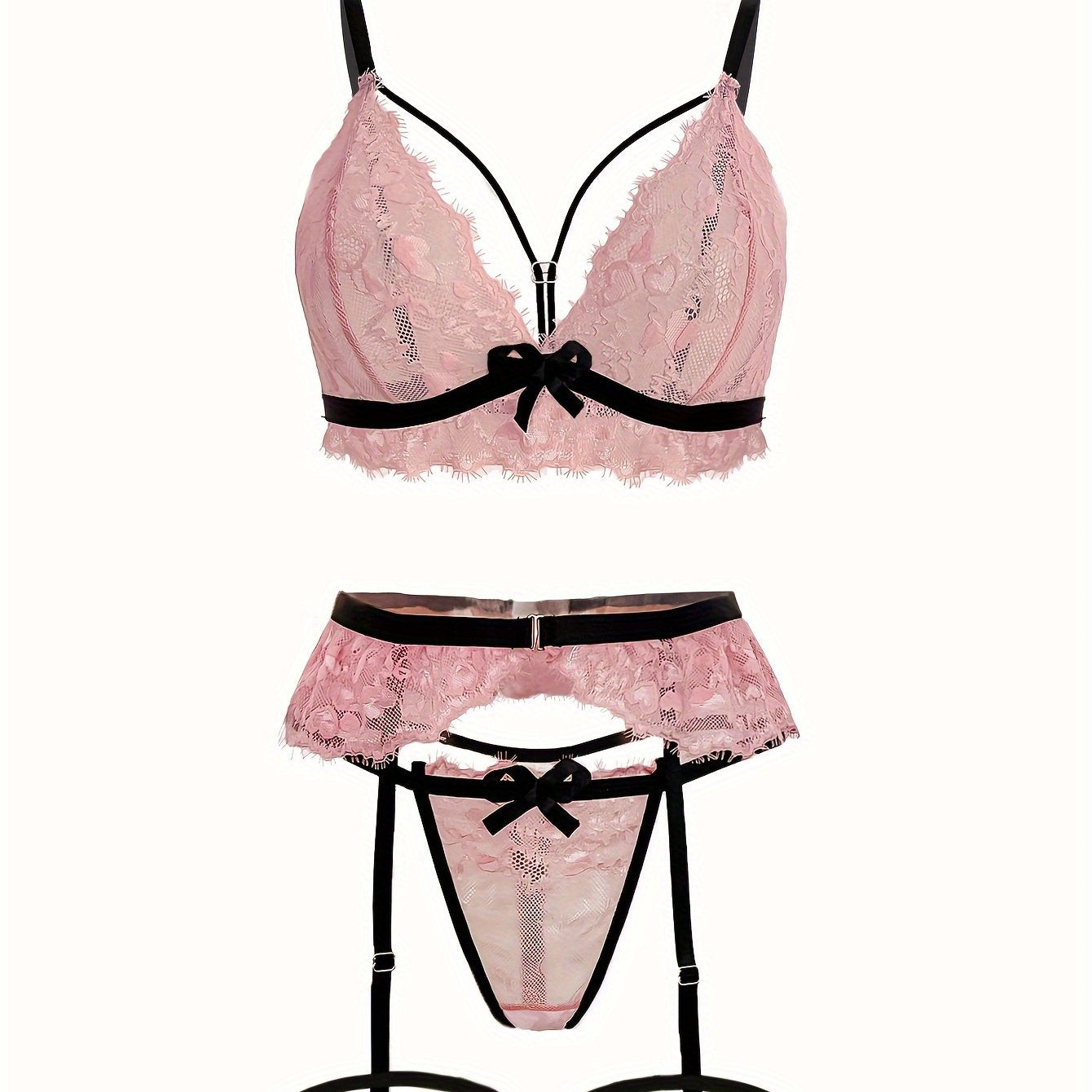 Sexy lace lingerie set with bow top, thong, and garter belt for women