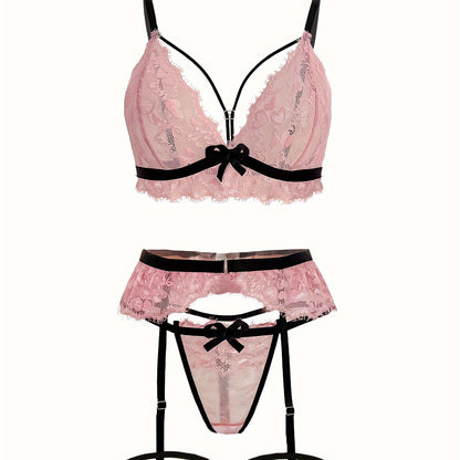 Sexy lace lingerie set with bow top, thong, and garter belt for women