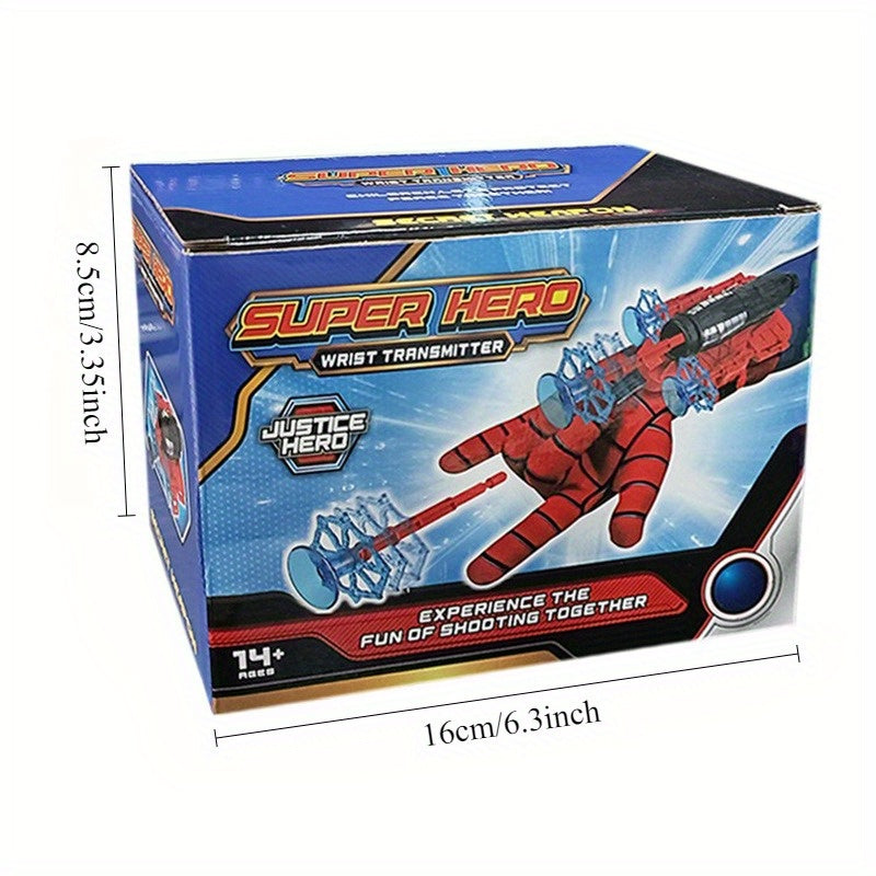 Spider Launcher toy for ages 3 and up, featuring a mixed color plastic spider glove with suction darts and web-shooting action.