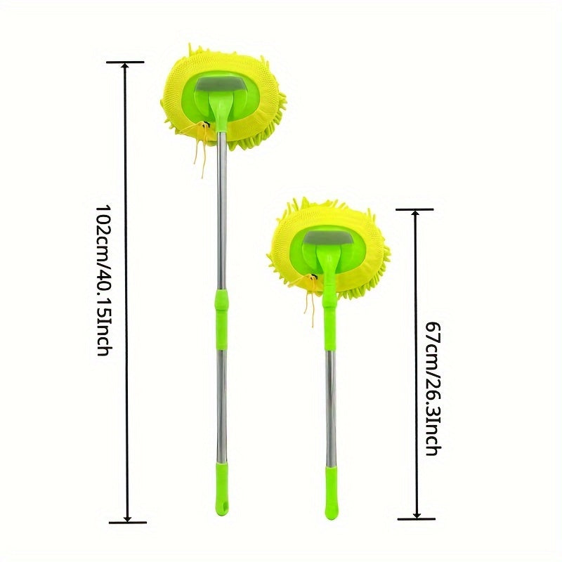 Extendable car wash mop with long handle for easy washing and detailing. Soft and durable chenille microfiber brush in green color.