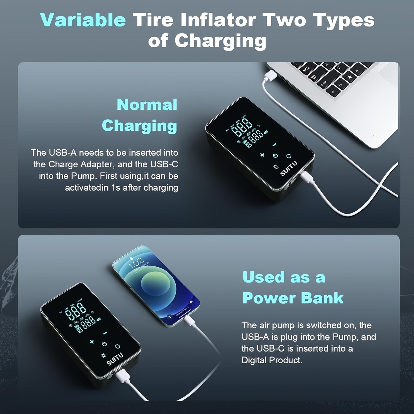 Universal electric tire inflator for cars, bicycles, motorcycles, rubber boats, and swimming rings with a car-mounted inflation pump.