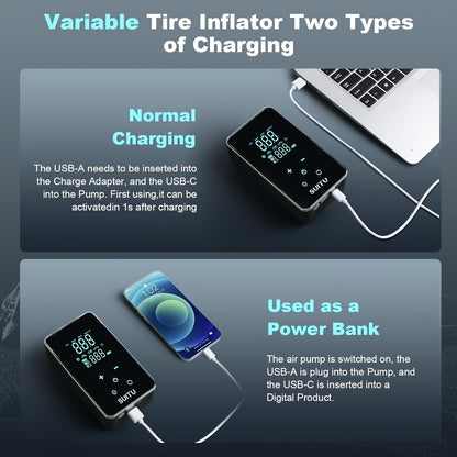 Electric car tire inflater with quick inflation, rechargeable lithium battery, suitable for various uses.