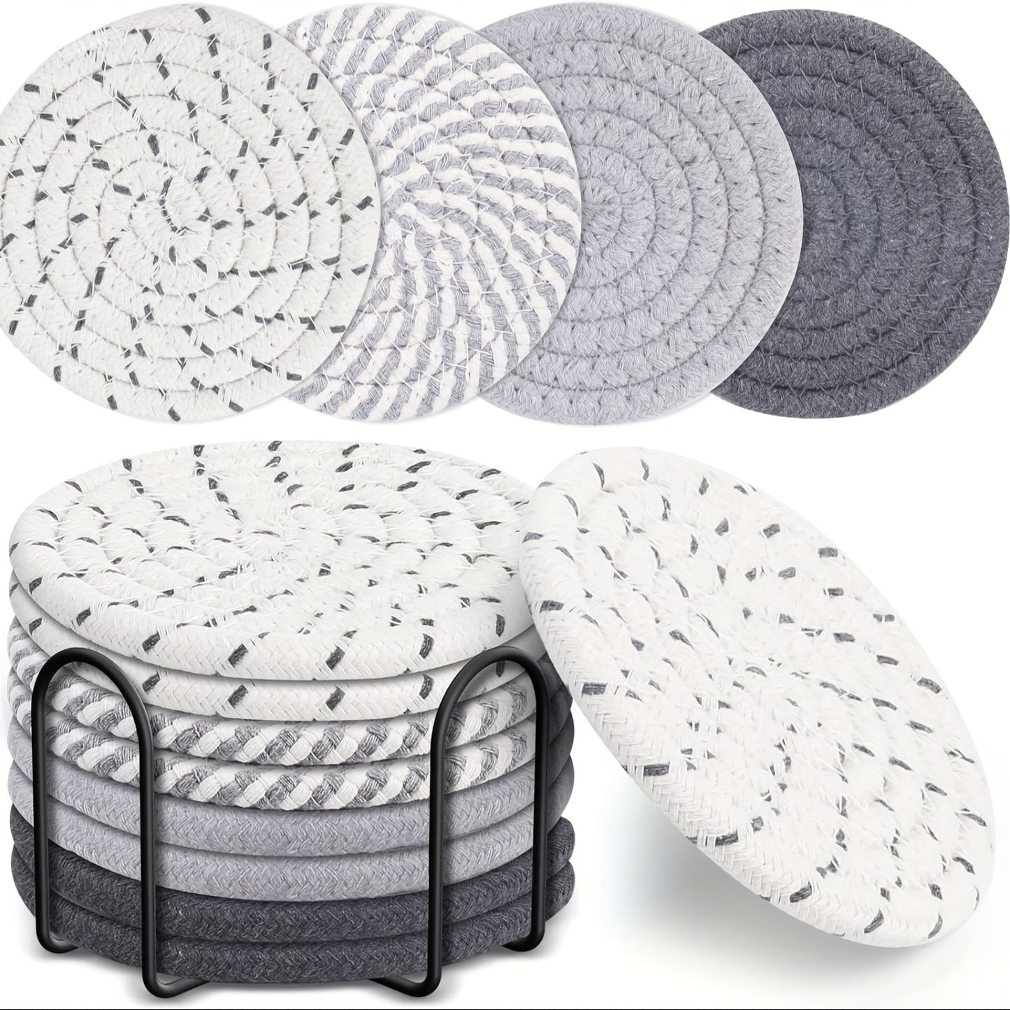 Set of 8 round cotton woven drink coasters with holder, absorbent and ideal for protecting dining tables and adding to home decor. Great housewarming gift.