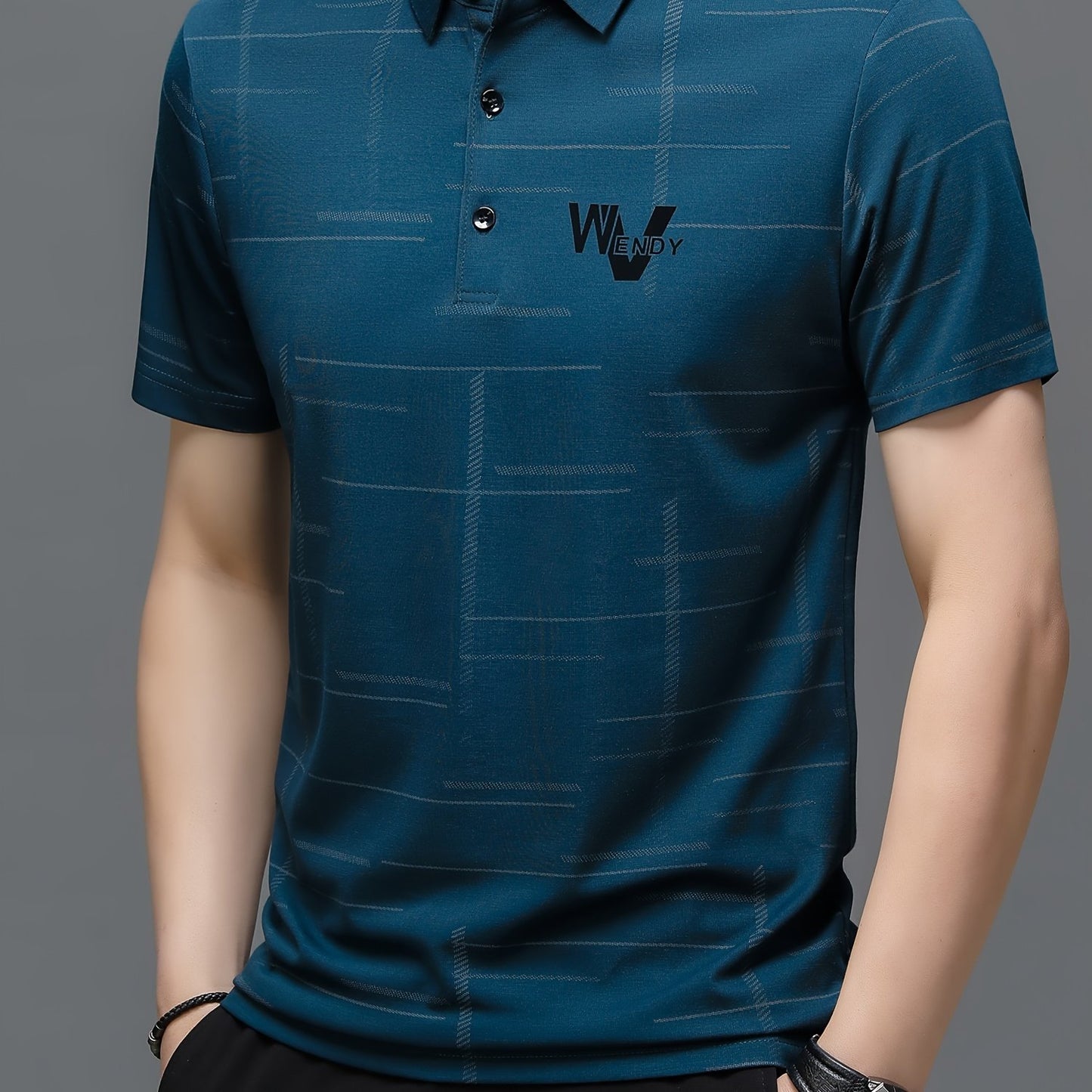 Men's sports shirt with irregular stripe pattern, alphabet print, lapel collar, short sleeves, and suitable for summer outdoor activities.