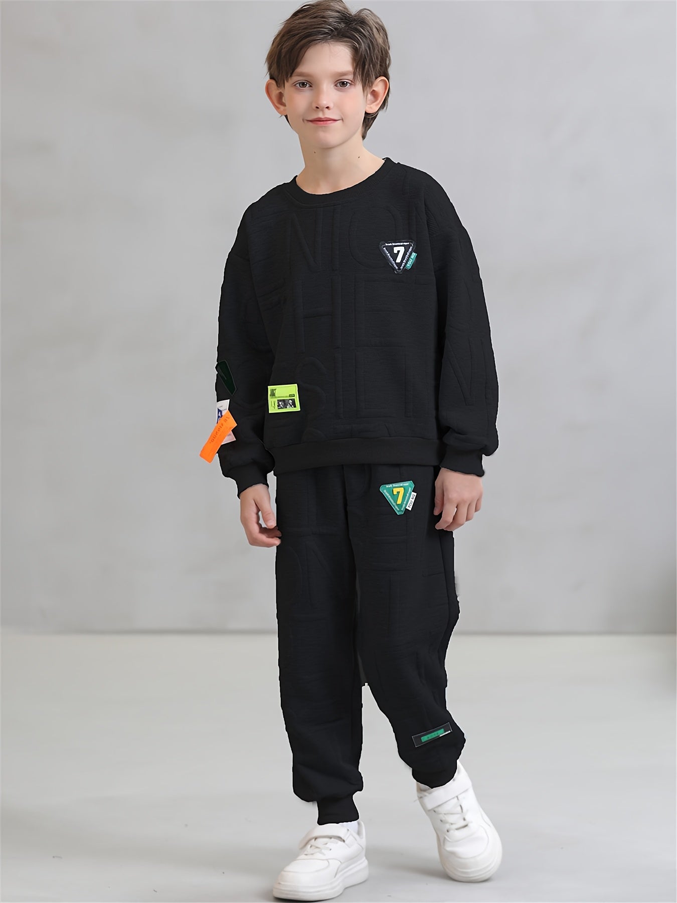 2-piece boys' casual viscose knit sweatshirt and pants set with alphabet pattern and applique detail for ages 12 and under, suitable for spring/fall outdoor wear.