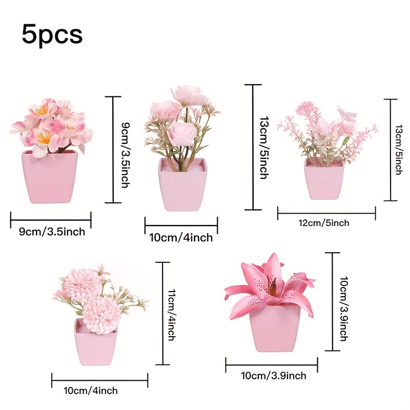 3-5 mini artificial potted pink flowers in plastic square pots, perfect for indoor décor on desks or bookshelves.