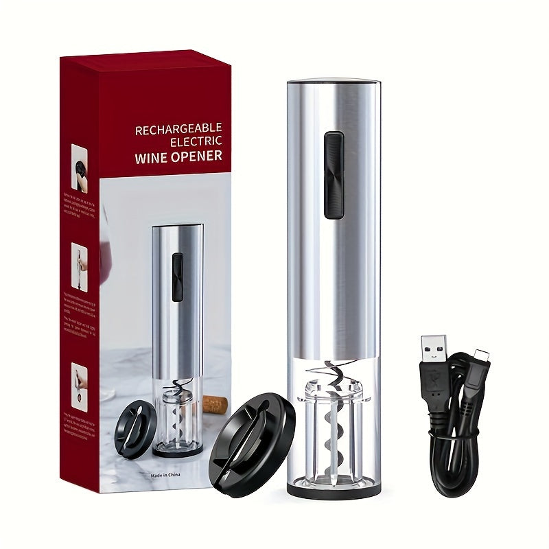 Stainless steel electric bottle opener set with USB rechargeable automatic corkscrew and 5-in-1 vino accessory kit. Perfect for kitchen, parties, weddings, and gift giving. Includes foil cutter, spiral drill, cork remover, and metal corkscrew. 500mAh